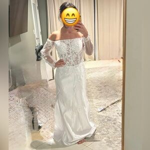 SHEIN White Off-Shoulder Lace Appliqué Satin Bridal Gown